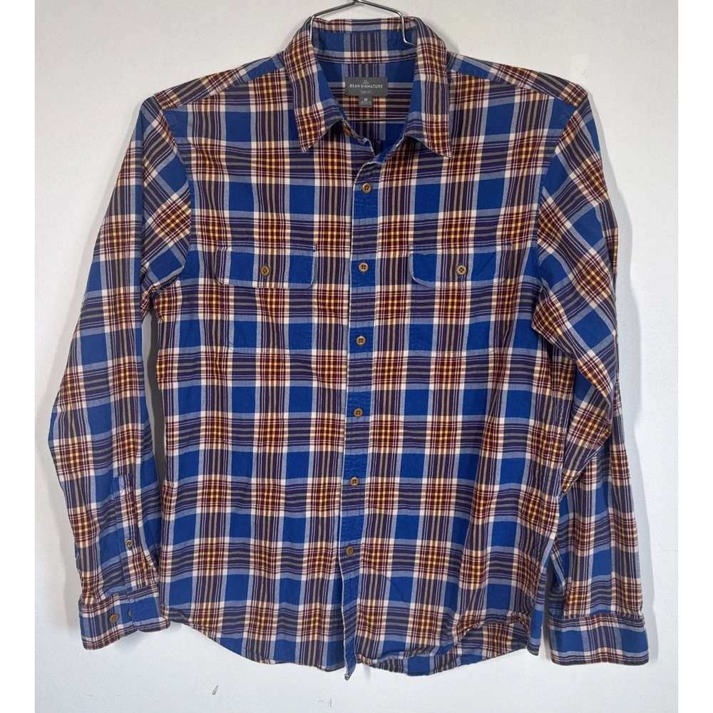 LL Bean Signature Flannel Shirt Mens M Blue Plaid Castine Slim Fit Button Up